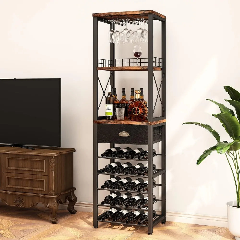 Wine Rack Freestanding Floor, 4-Tier bar Cabinet with Tabletop, Glass Holder