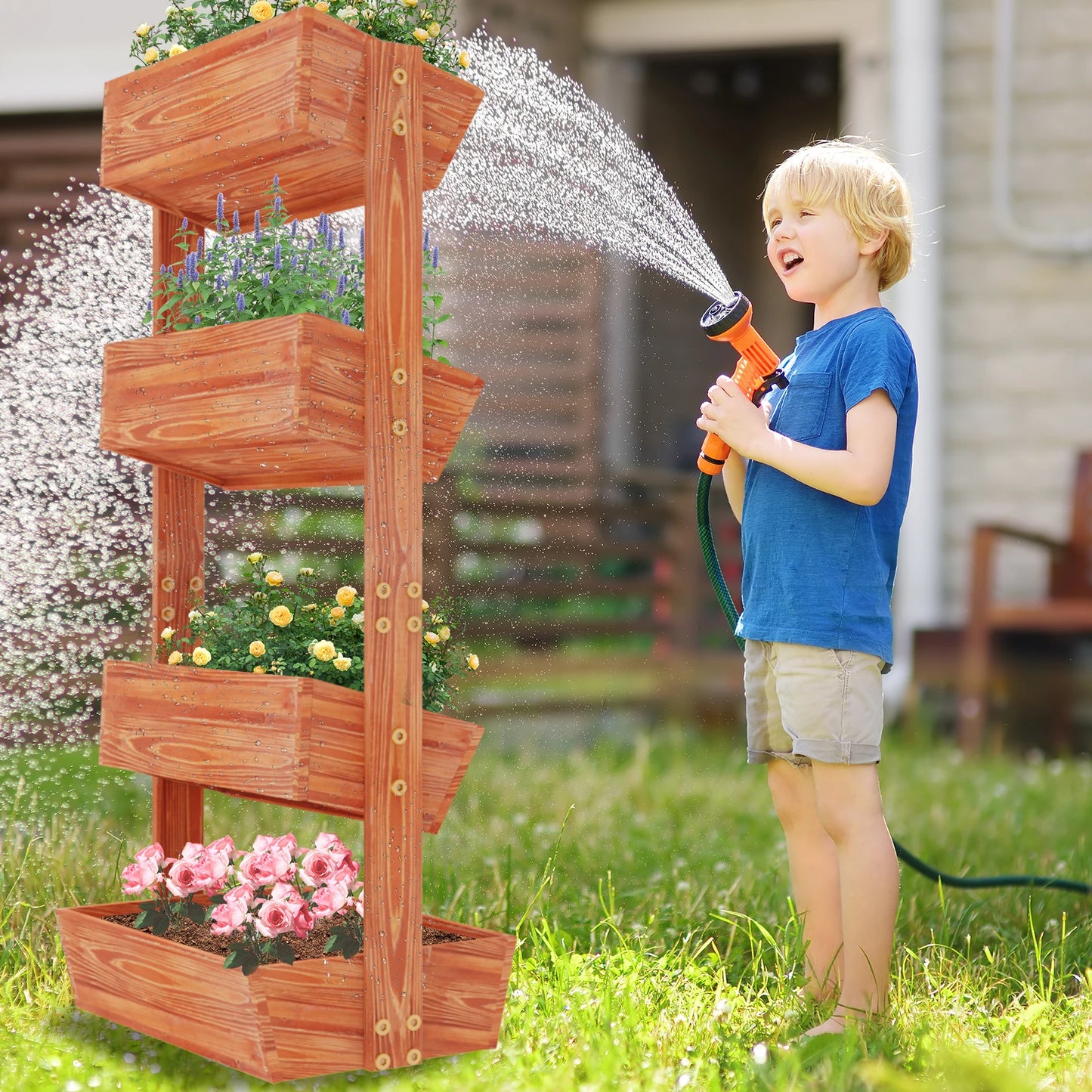 4-Tier Raised Garden Bed, Vertical Flower Pots Rack with Detachable Ladder and Adjustable Shelf, Wooden