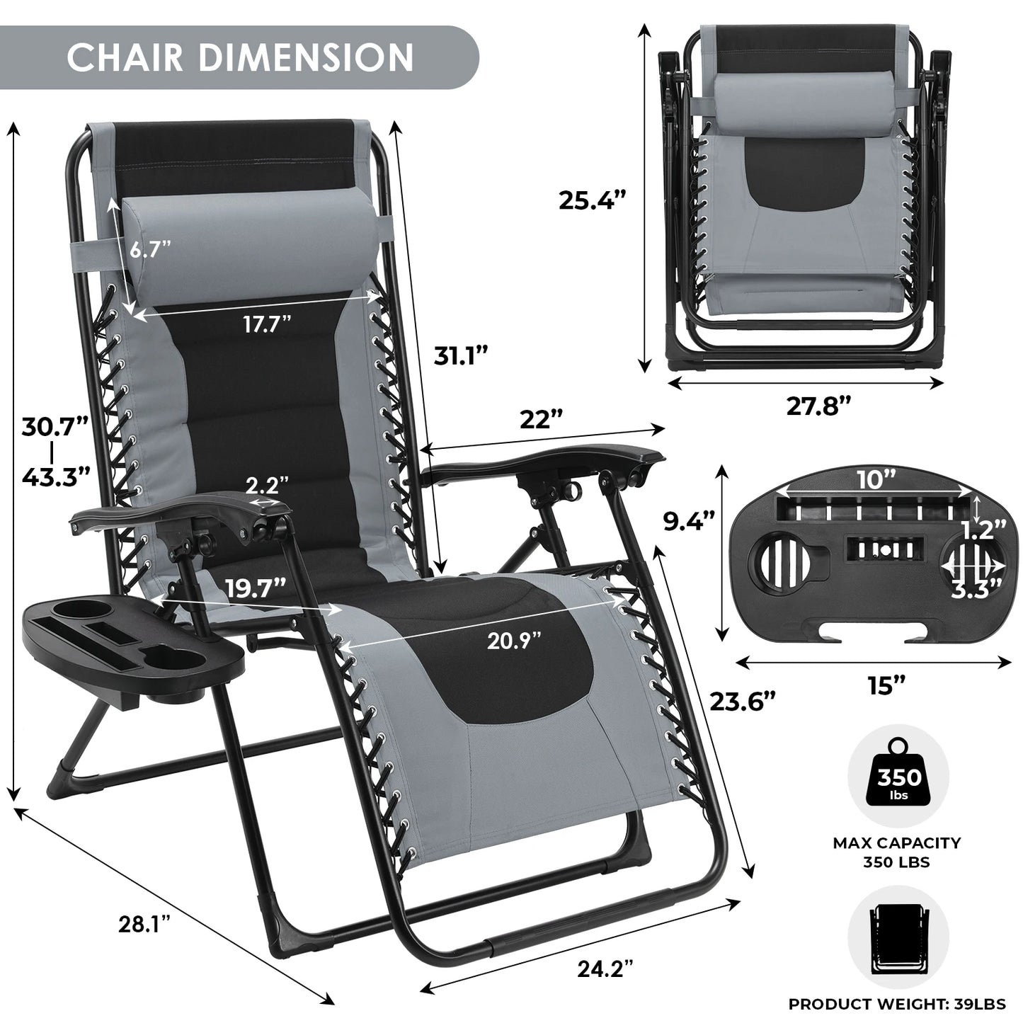 Padded Zero Gravity Chair, Set of 2 Foldable Outdoor Patio Recliner, Anti Gravity Adjustable Lounger