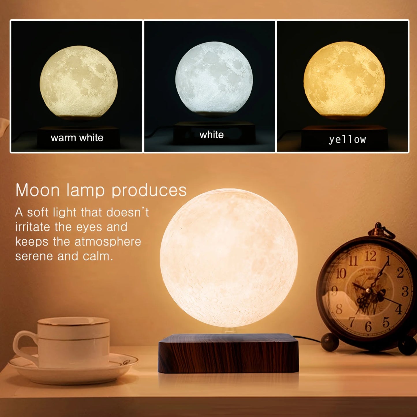 Levitating Moon Table Lamp, Magnetic Floating  With 3 Lighting Modes, 3D Printed Levitation