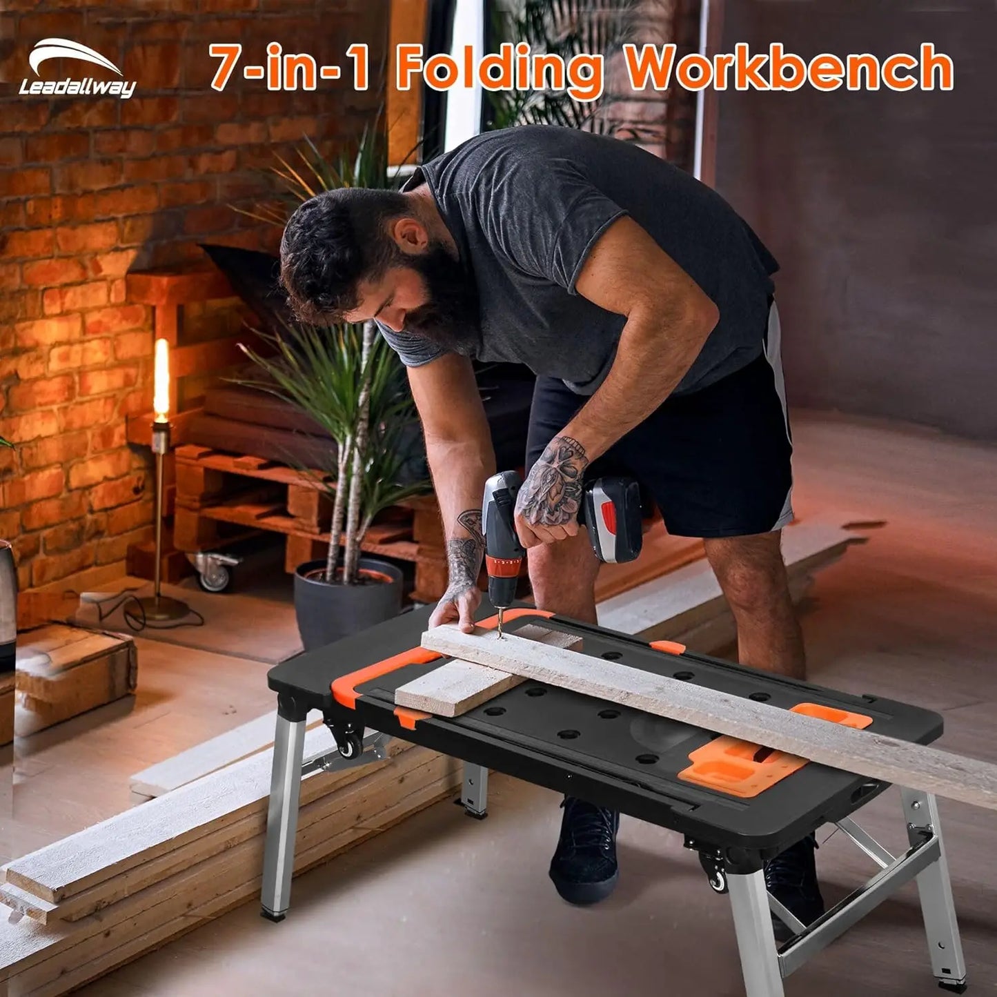 7-in-1 Folding Portable Workbench Painted Work Table , Scaffold ,Platform ,Sawhorse ,Car Creeper