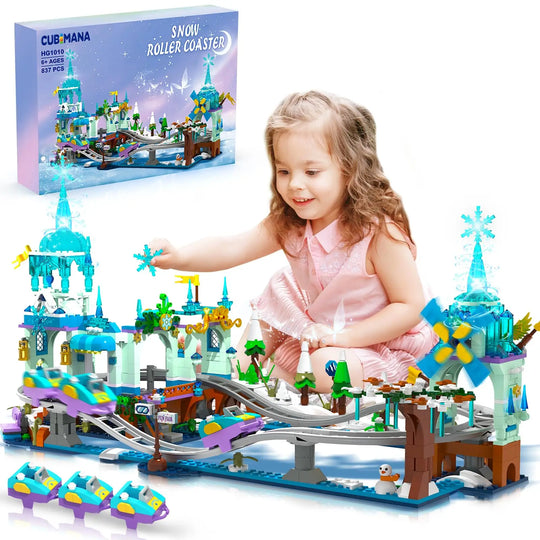 Frozen Roller Coaster Building Set with LED-City Ice Snow Amusement Park Rollercoaster Windmill Ski Toy Kids6+