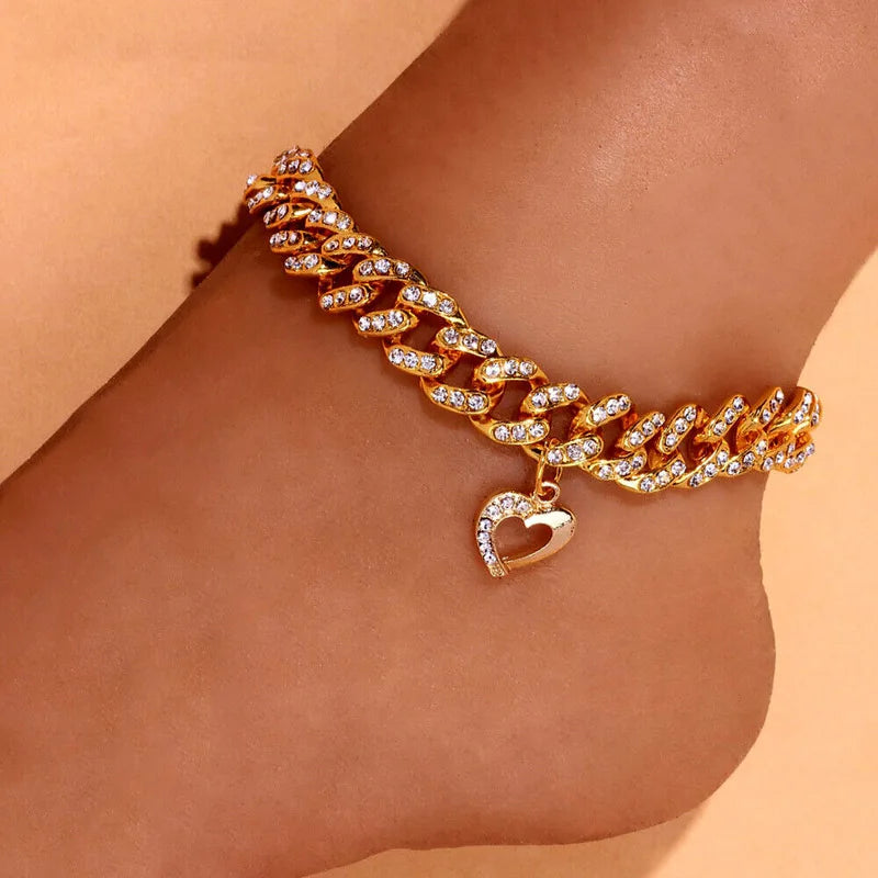 Heart Shape Thin Anklet for Women Rhinestone Link Iced Chain Pendant Jewelry