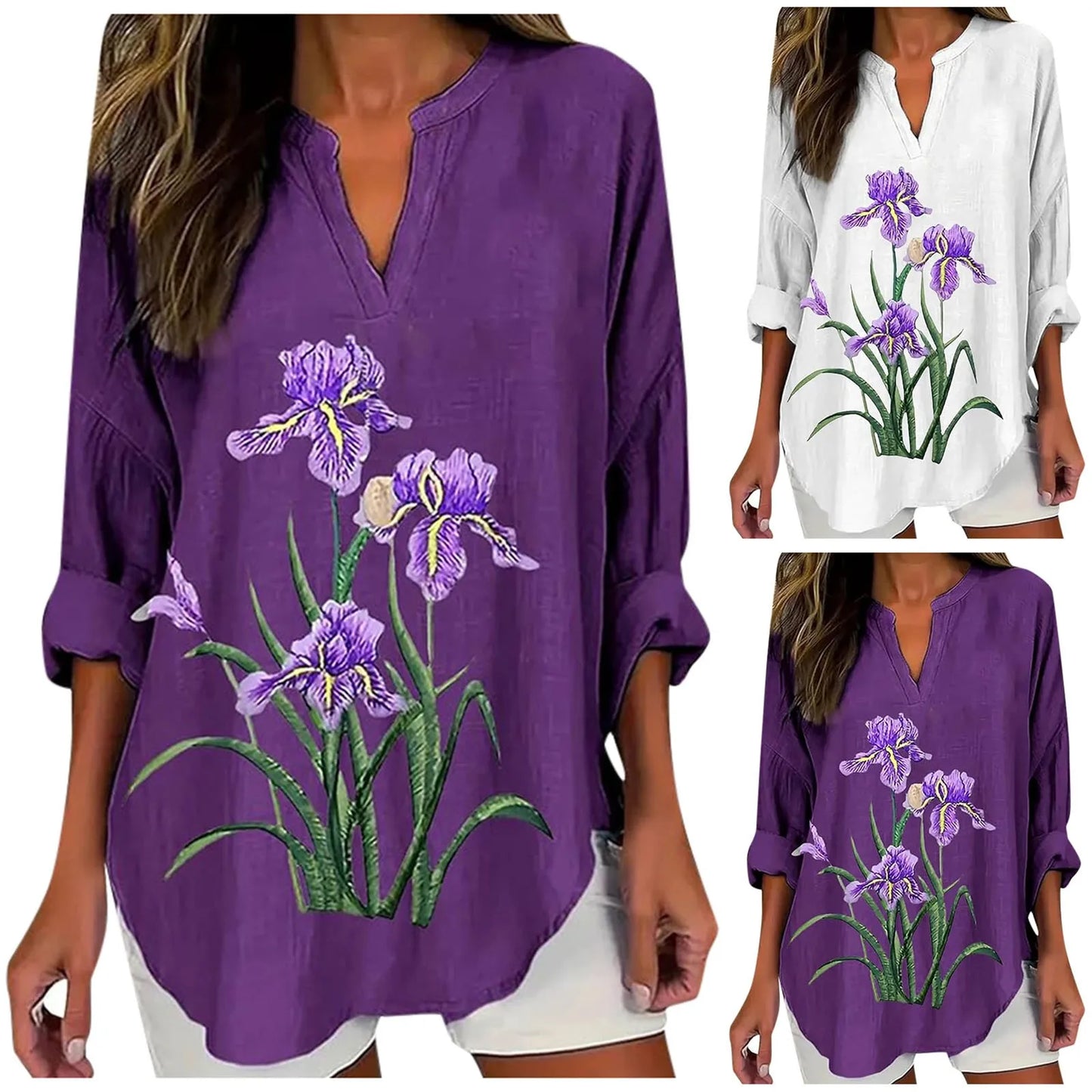 Women Casual Comfort Purple Floral Print Long Sleeve V Neck Shirt Top Plus Size Cotton Linen