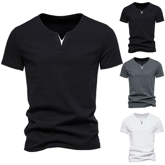 Men's V Neck Sports Shirts Solid Color Short Sleeved T Shirt Fashion Casual