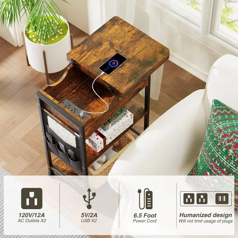 Side Table end Table with Charging Station Living Room Narrow end Tables with Storage Bedside Table Flip Top Night Stand