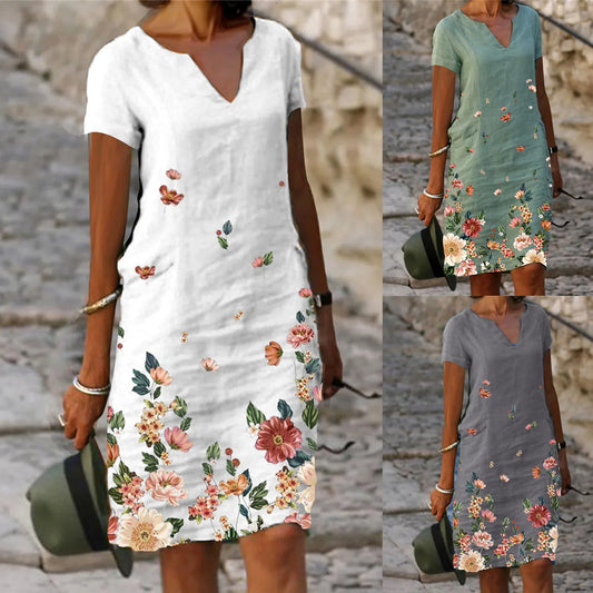 Women Cotton Linen Casual Summer Dress Floral Printed Short Sleeve Beach  Loose Fit V Neck