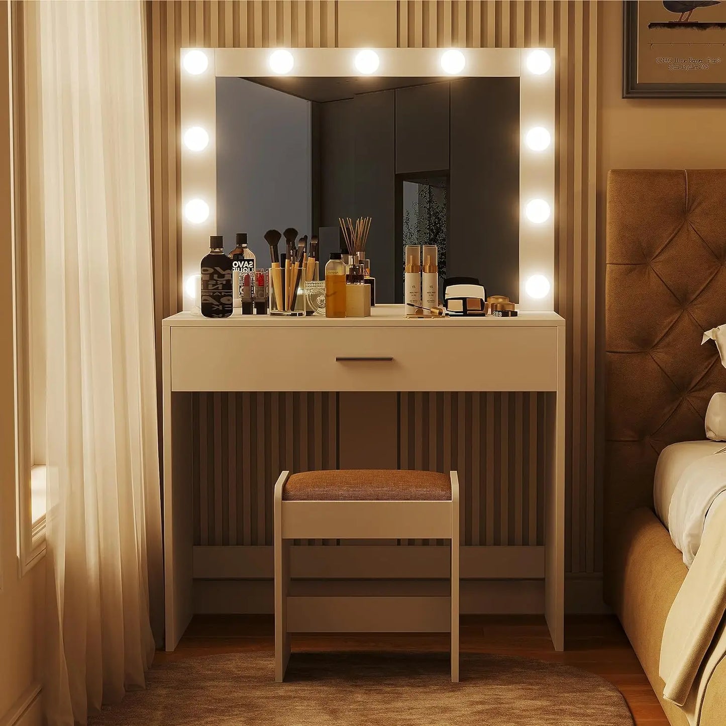 Vanity Table with Large Lighted Mirror, Dressing Table with Drawer, Women, Girls