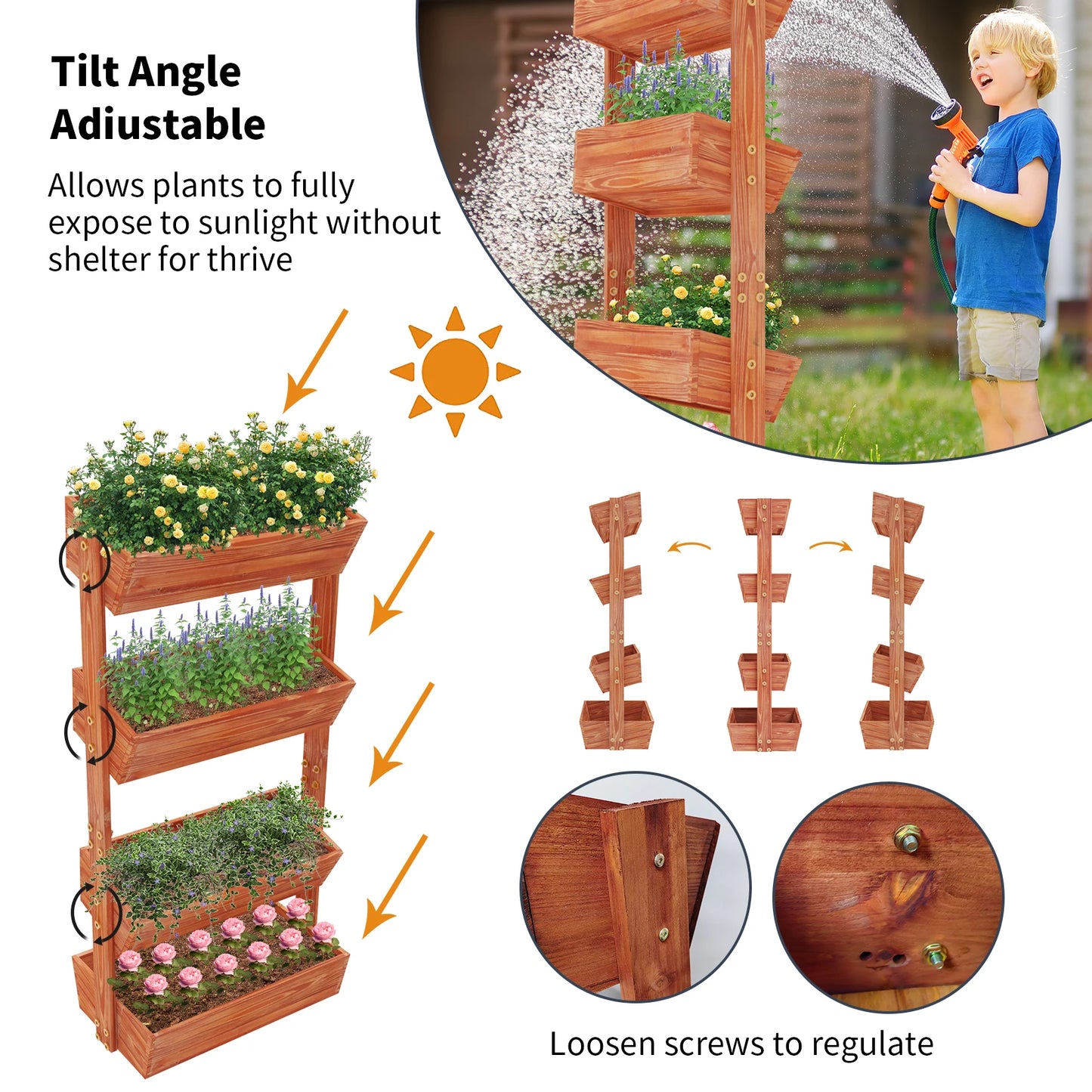 4-Tier Raised Garden Bed, Vertical Flower Pots Rack with Detachable Ladder and Adjustable Shelf, Wooden