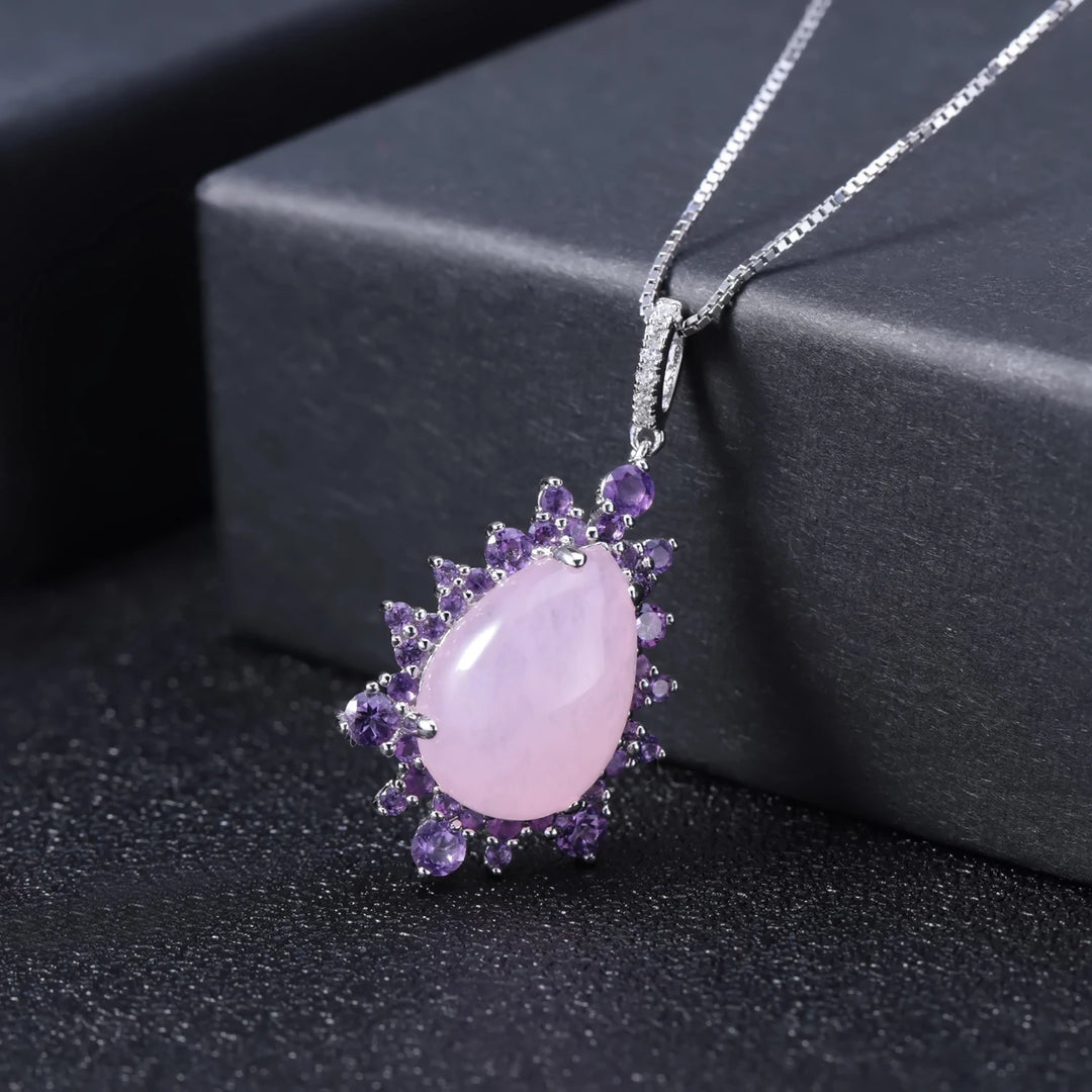 925 Sterling Silver Gemstone Necklace Natural Pink Calcedony Luxury Statement Pendant