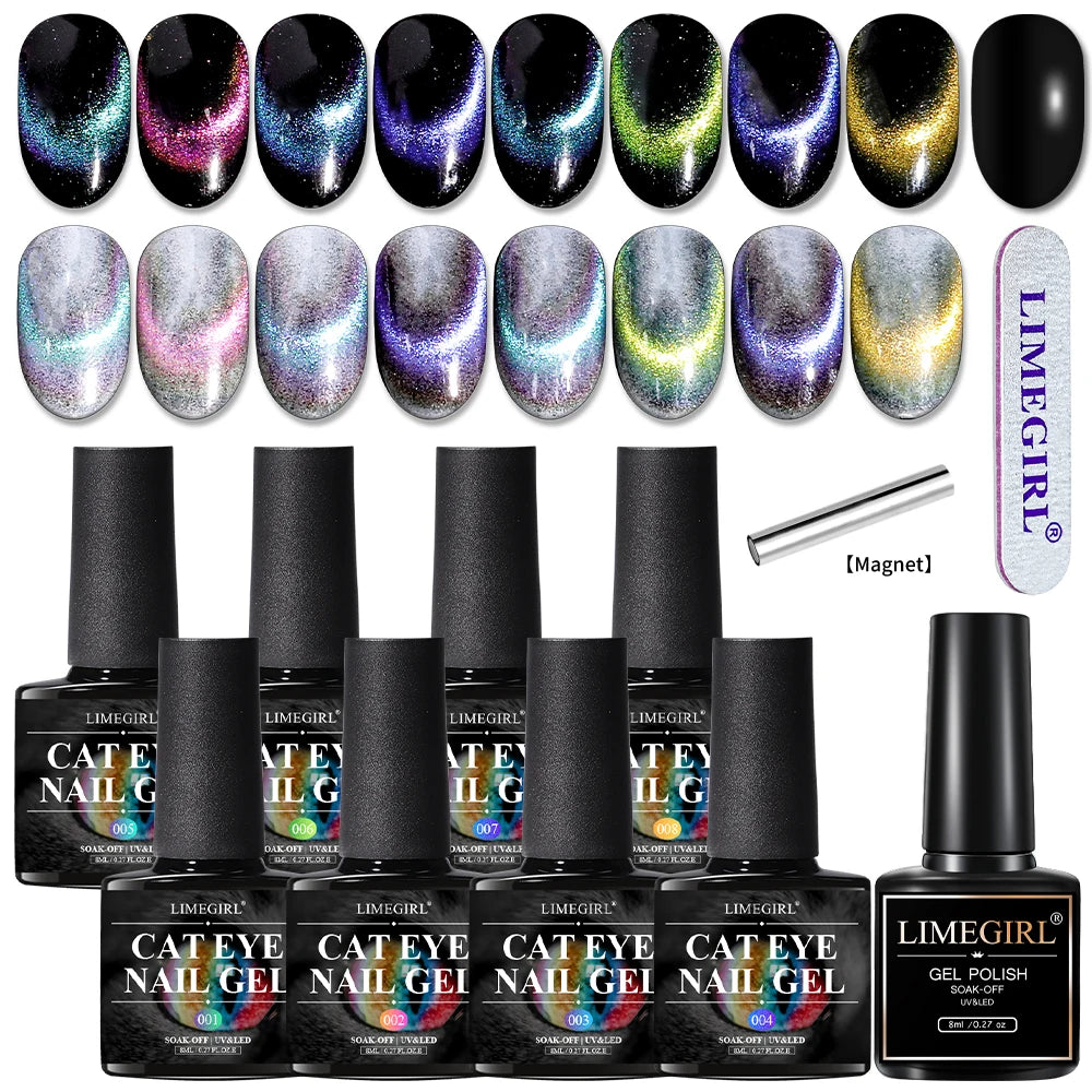 Magnetic Cat Eye Gel Nail Polish Set, 8 Colors , Holographic Glitter, Manicure Kit