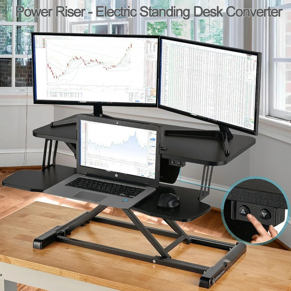 PowerRiser 32 Inch Electric Standing Desk Converter for Dual Monitor, Laptop Workstation with Wide Keyboard Tray