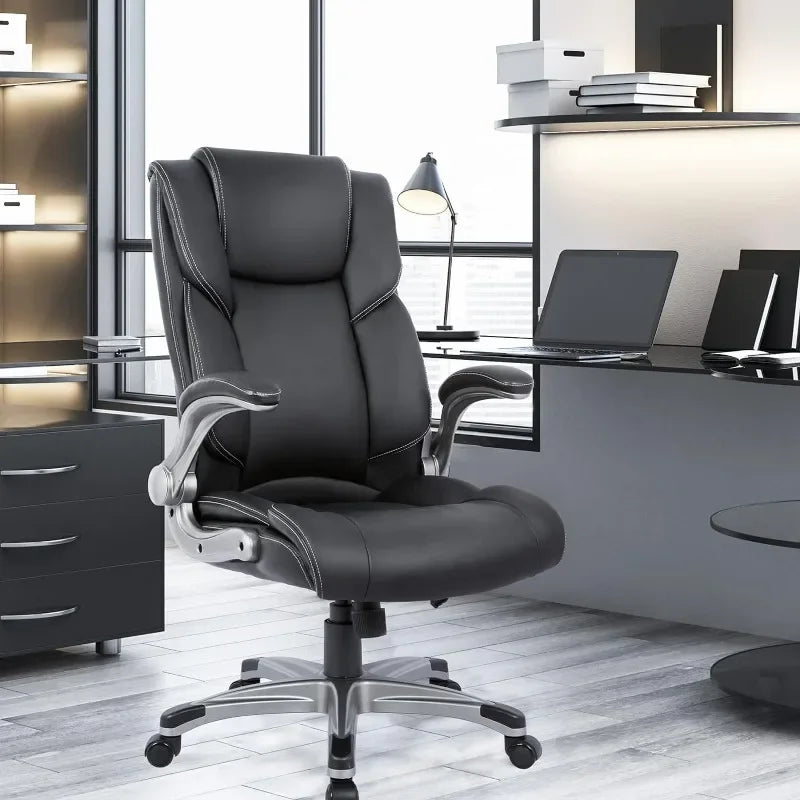 High Back Executive Ergonomic Home Computer Desk Leather Chair with Padded Flip-up Arms, Adjustable Tilt Lock