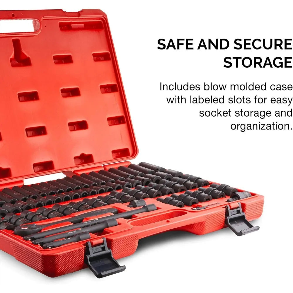 Impact Socket Set, 3/8” Drive, 67 Piece, Metric and Standard Master Set with Shallow & Deep Sockets,