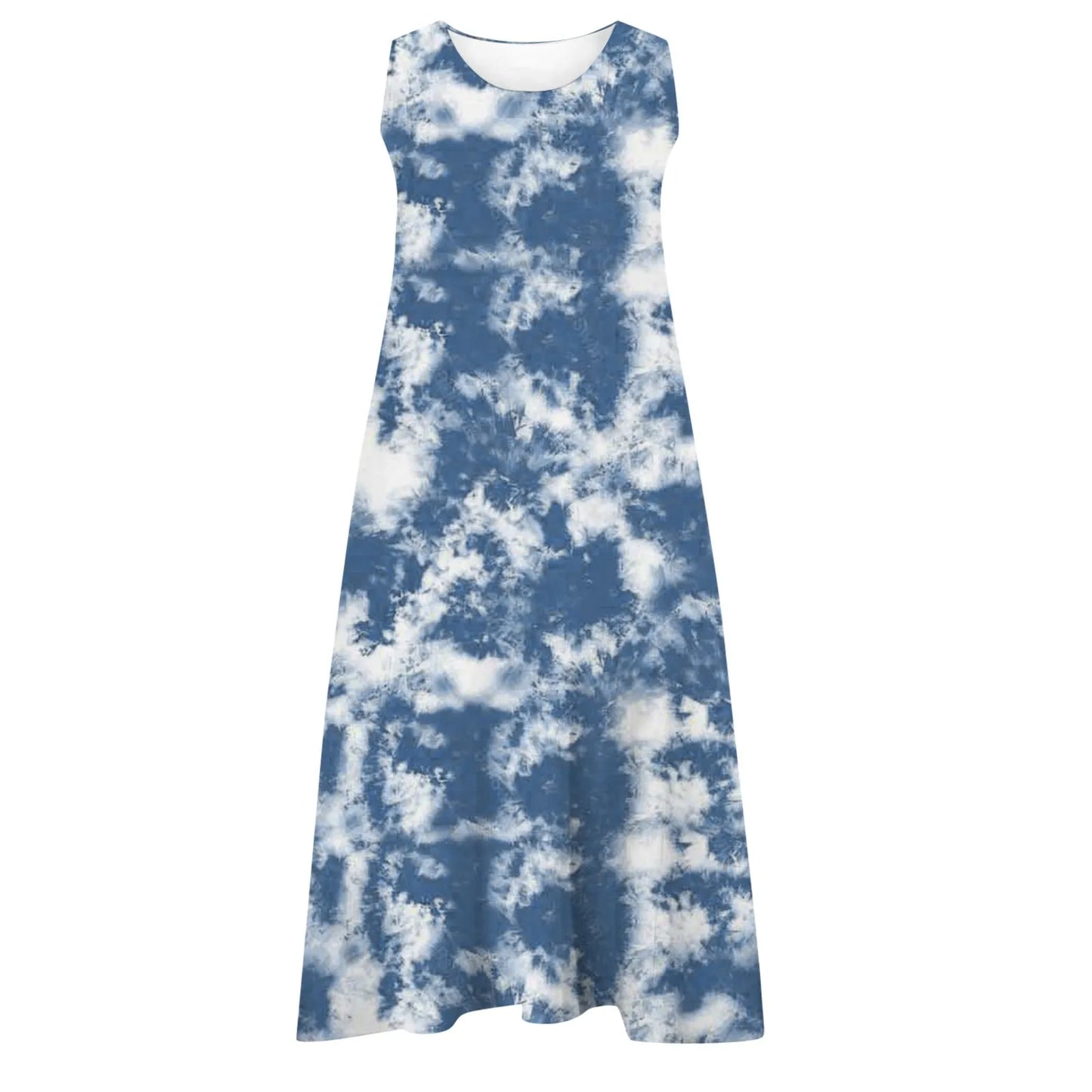 Women Casual Retro Printed Tank Dress Loose Round Neck Sleeveless Pocket