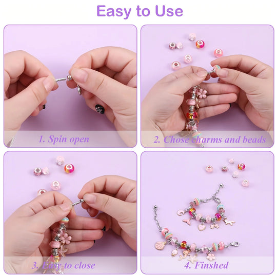 68Pcs Beading Kit with a Violet Jewelry Box- Pink Charms Bracelet Making Kit, DIY Beaded Necklace Making