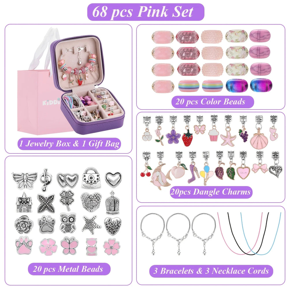 68Pcs Beading Kit with a Violet Jewelry Box- Pink Charms Bracelet Making Kit, DIY Beaded Necklace Making