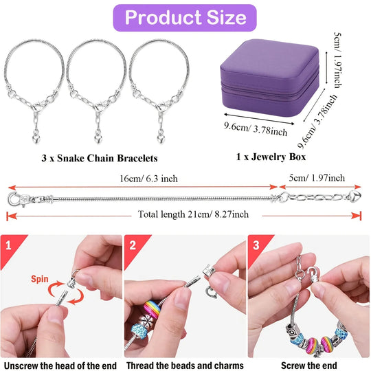 68Pcs Beading Kit with a Violet Jewelry Box- Pink Charms Bracelet Making Kit, DIY Beaded Necklace Making