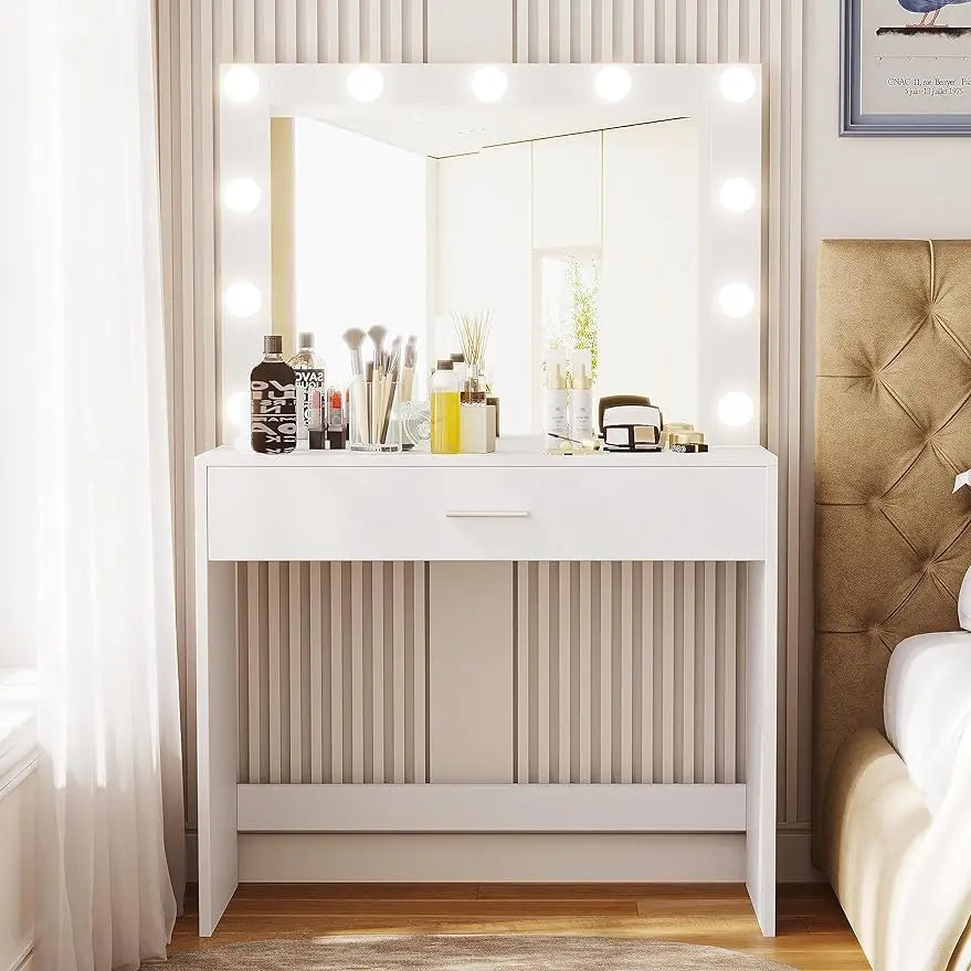 Vanity Table with Large Lighted Mirror, Dressing Table with Drawer, Women, Girls