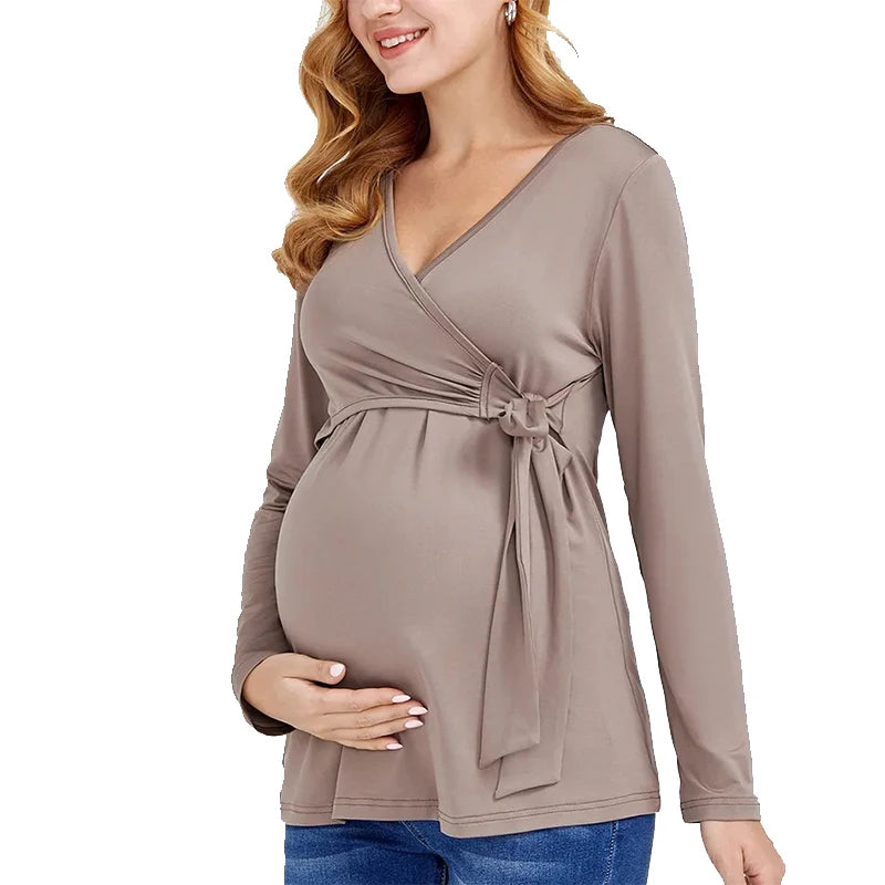 Maternity Blouses Long Sleeve V-neck Breastfeeding  Tops Pregnancy Clothing Nursing Casual