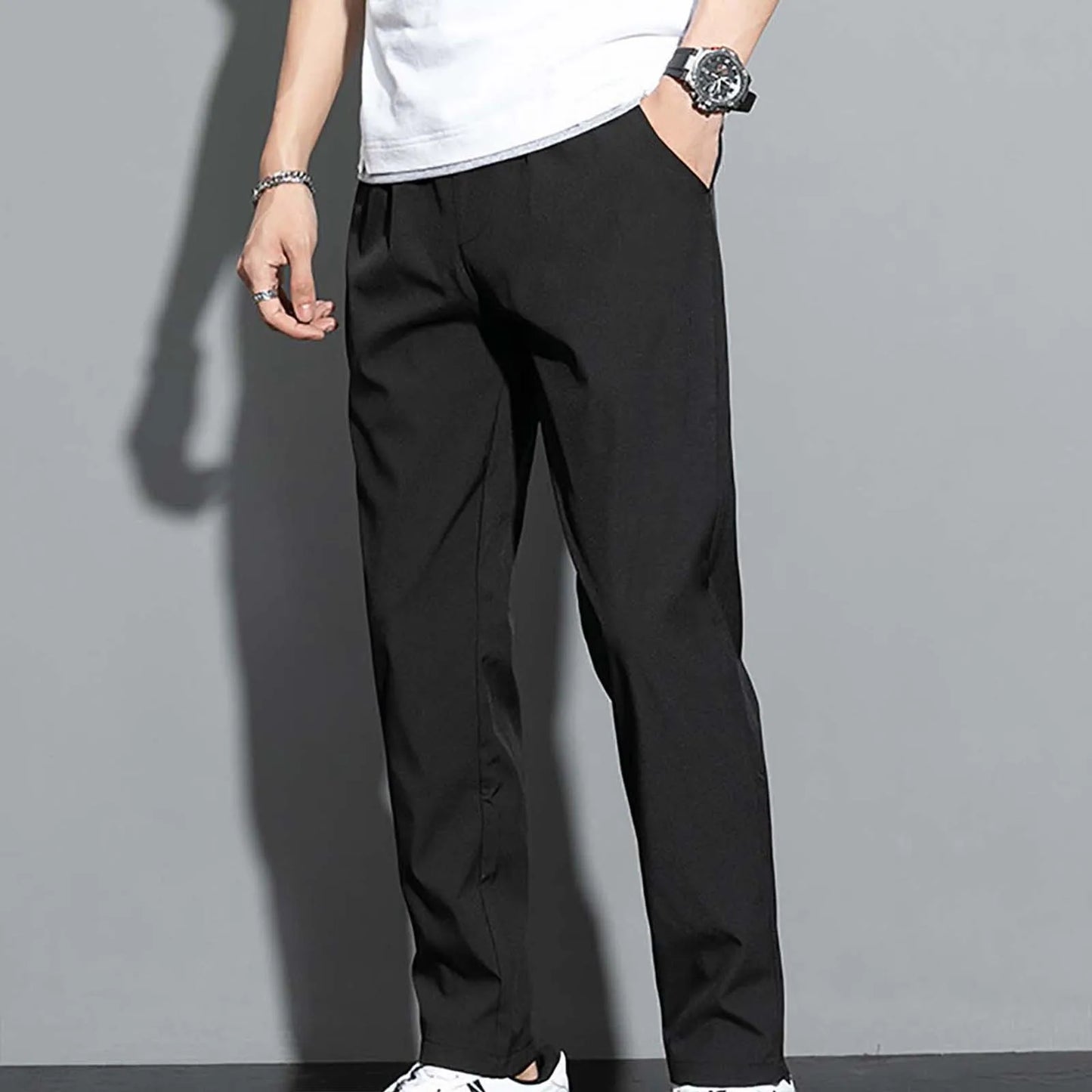 Ice Silk Pants Men's Summer Thin Casual Pants Breathable Strap Loose High Elastic Quick Drying