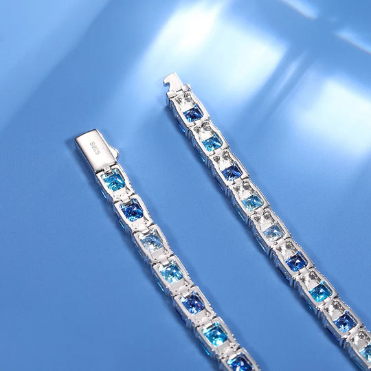 Gradient Blue Square Baguette Tennis Bracelet For Women S925 Silver Jewelry