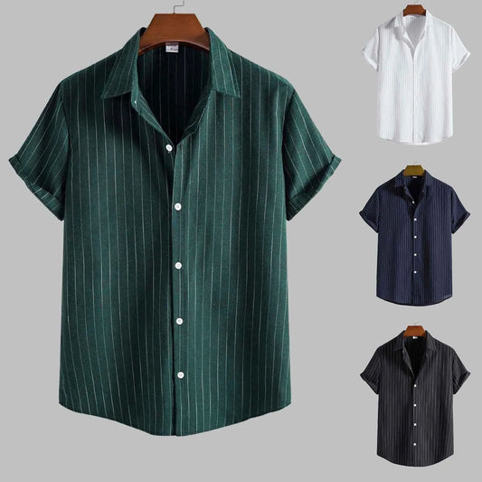 Men's Casual Striped Short Sleeved Shirts Turn-Down Collar Fashion Summer