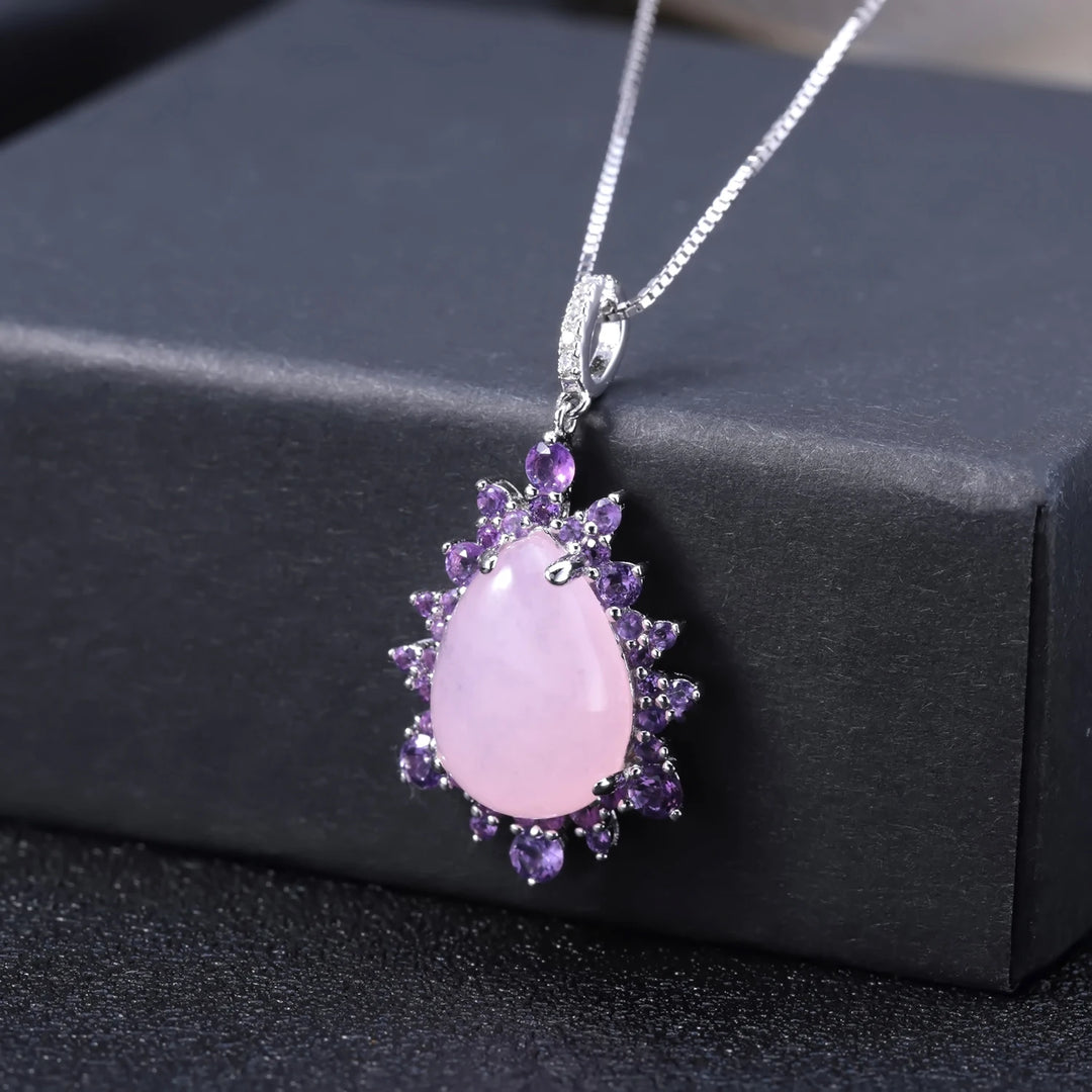 925 Sterling Silver Gemstone Necklace Natural Pink Calcedony Luxury Statement Pendant