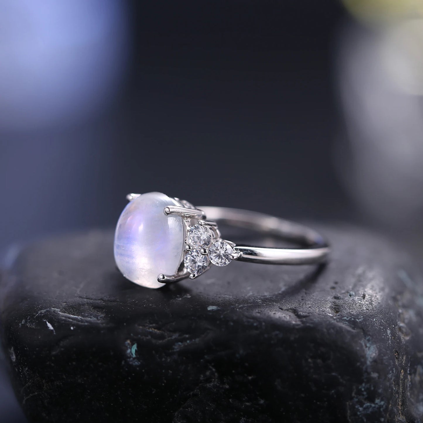 Vintage Milky Blue Moonstone Art Deco Mil grain Ring  in 925 Sterling Silver Unique Gemstone Women's