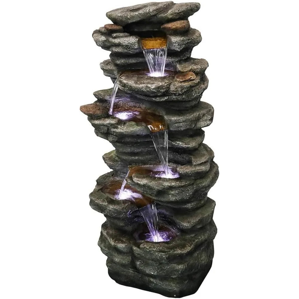 LED Water Fountain, 6-Tiers Rocks Outdoor Fountain - 40” High Cascading Waterfall, Outdoor Fountain, фонтан