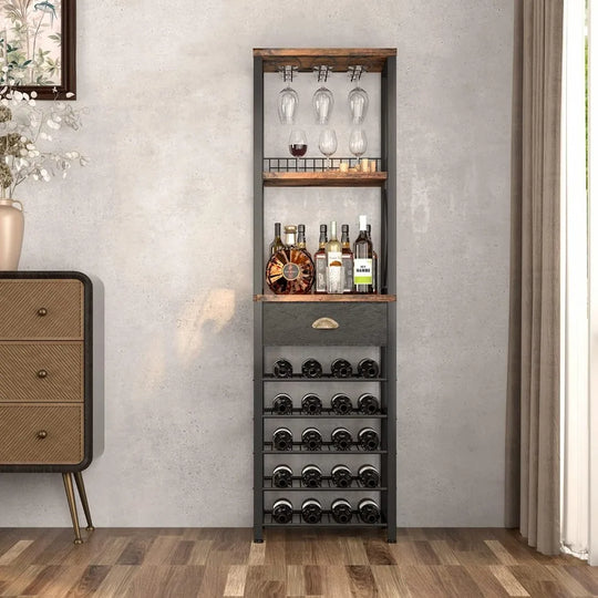 Wine Rack Freestanding Floor, 4-Tier bar Cabinet with Tabletop, Glass Holder