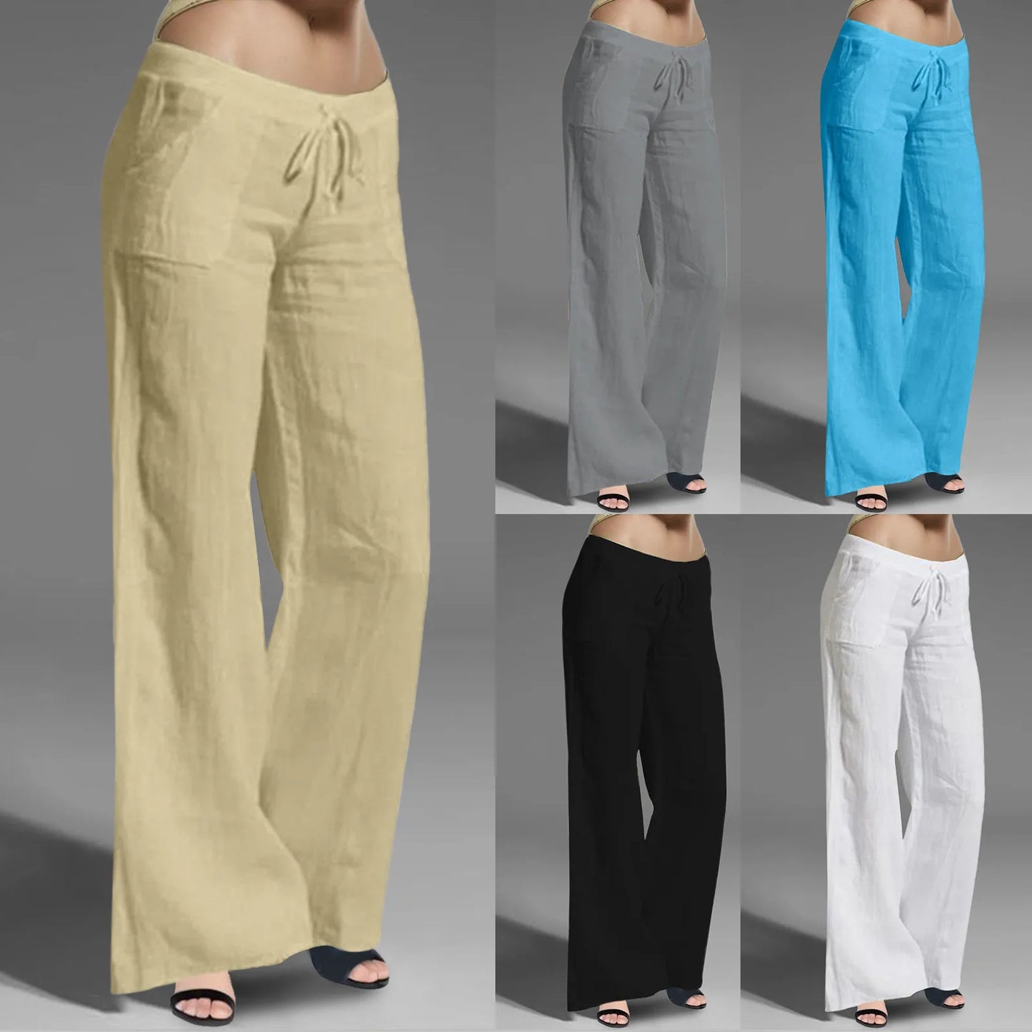 Women White Cotton Linen Pants Casual Low Waist Lightweight Wide Leg