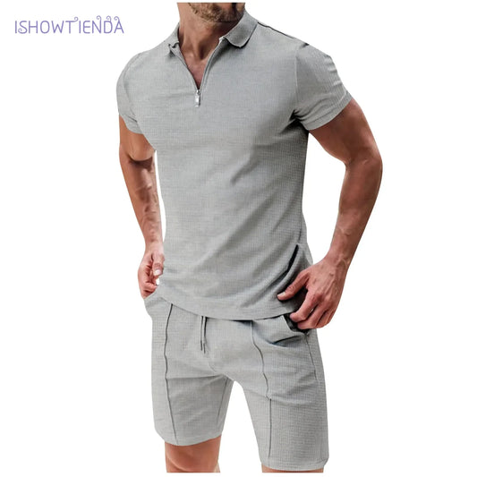 Men's Summer Loose Comfortable Fashion Outdoor Solid Color Polo Shirt T-Shirt Set