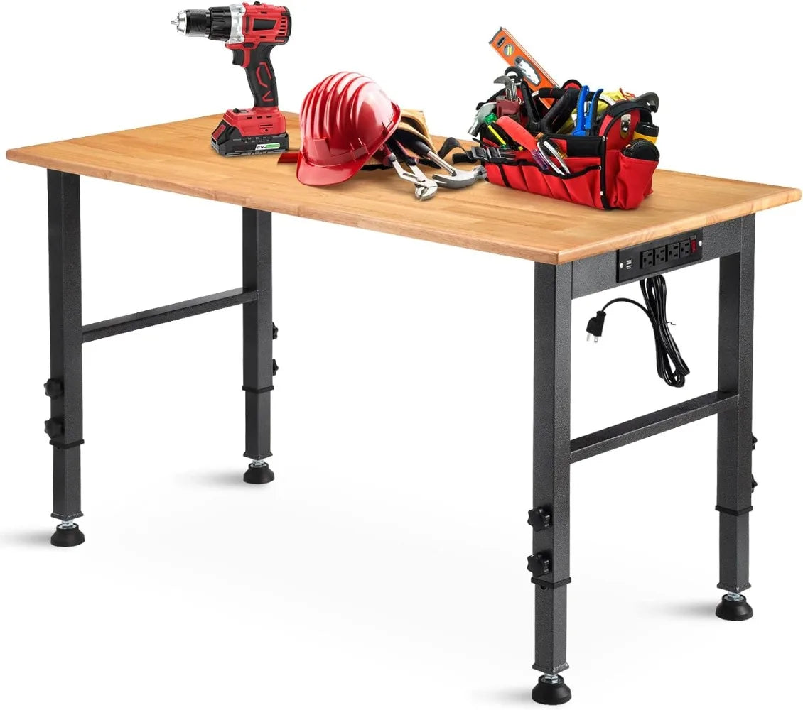 48 "Adjustable Workbench with Power Outlet, Heavy Duty 2000 LBS Load Capacity Hardwood