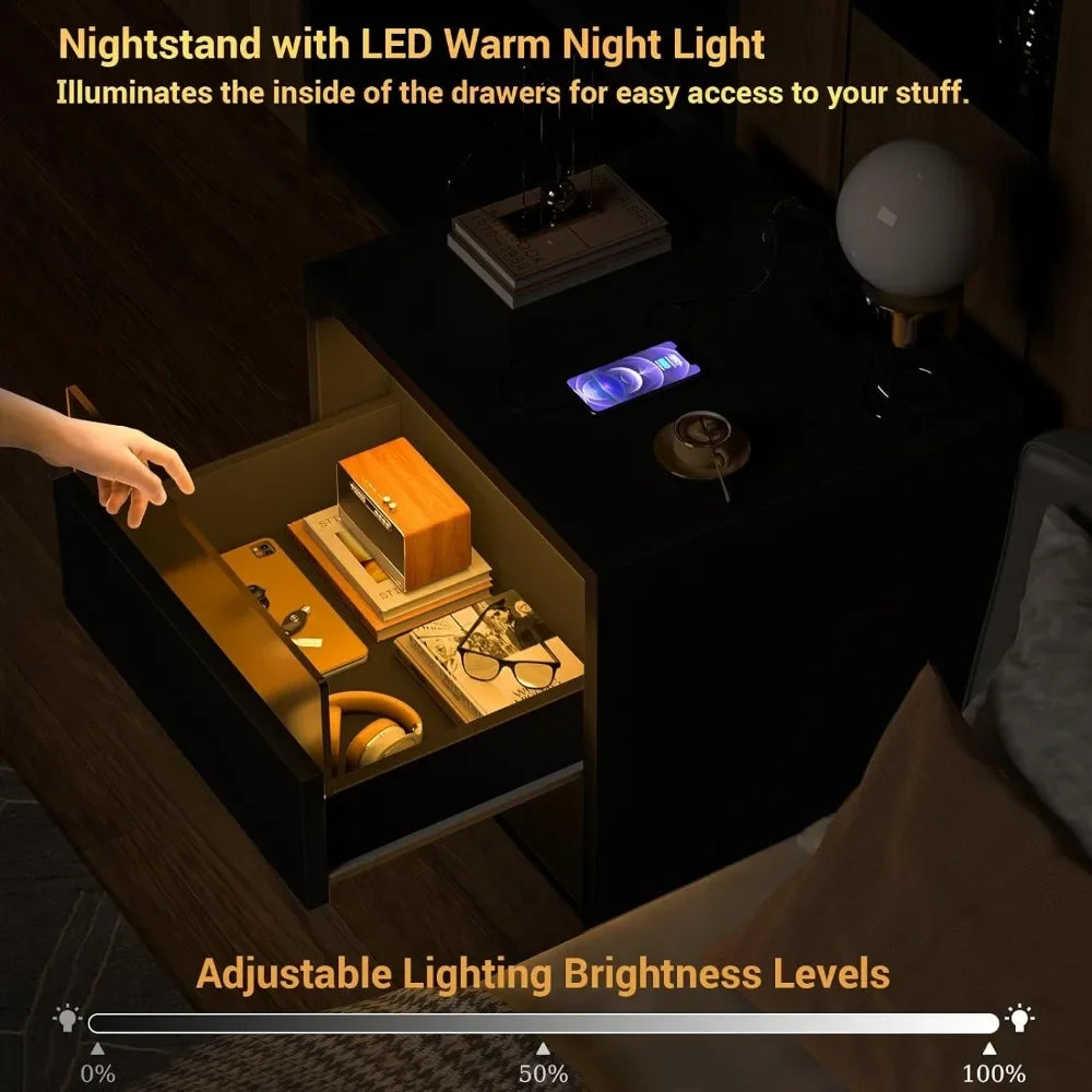 Night Stand Set of 2 With Charging Station Furniture Black With LED Lights