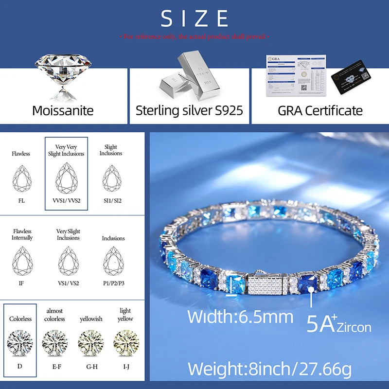 Gradient Blue Square Baguette Tennis Bracelet For Women S925 Silver Jewelry