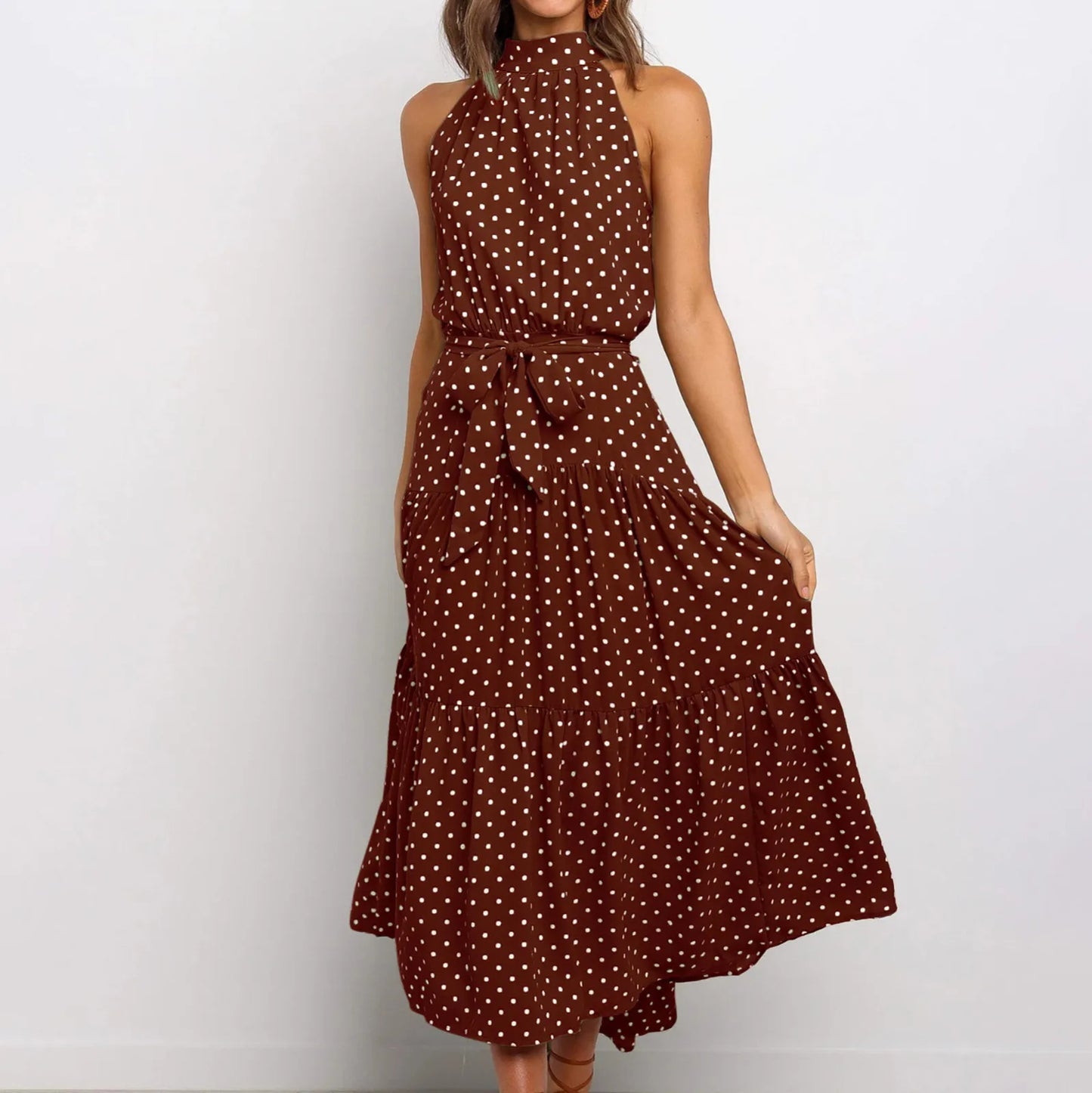 Summer New Beach Style Halter Long Dress Women's Elegant Sleeveless Polka Dot Print Boho