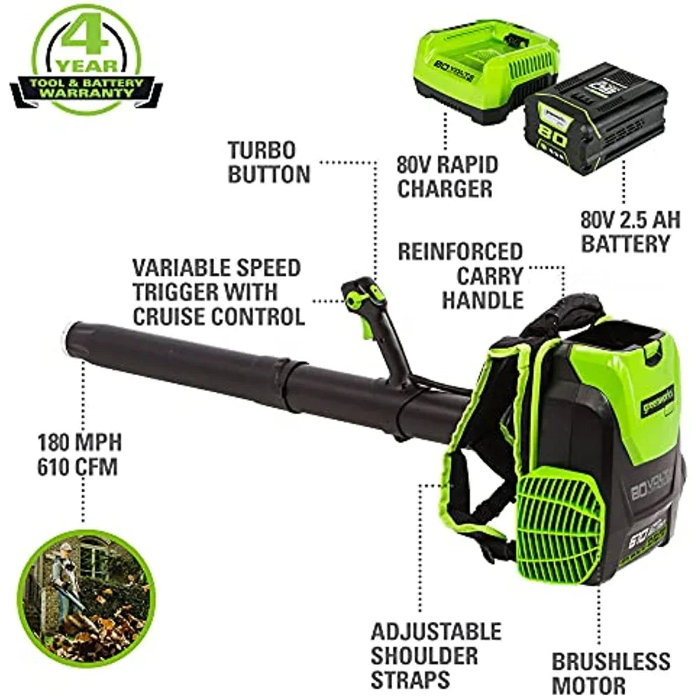 Greenworks Pro 80V (180 MPH / 610 CFM) Cordless Backpack Leaf Blower, 2.5Ah Battery and Charger Included