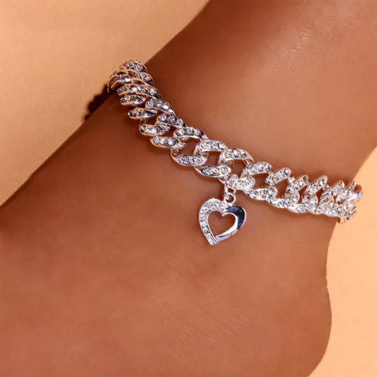 Heart Shape Thin Anklet for Women Rhinestone Link Iced Chain Pendant Jewelry