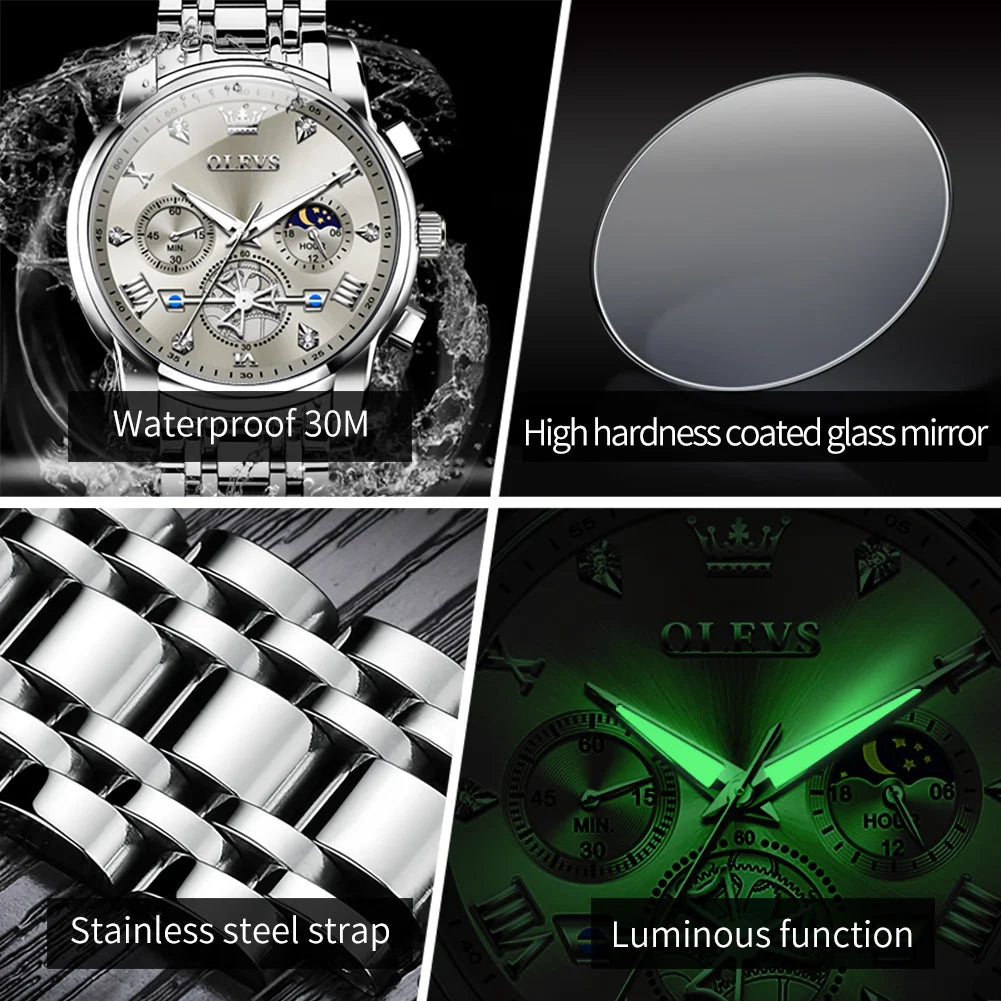 Men's Watches Classic Multifunctional Fly wheel Chronograph Original Quartz Wristwatch Moon Phase 24 Hour Waterproof