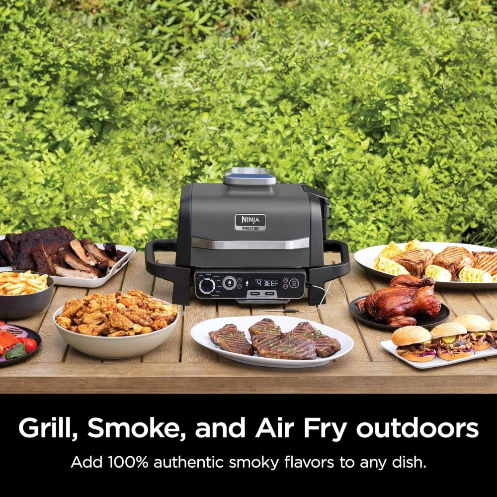 Ninja Woodfire Pro 7-in-1 Grill & Smoker with Thermometer, Air Fryer, BBQ, Bake, Roast, Broil - Portable Electric  Grill