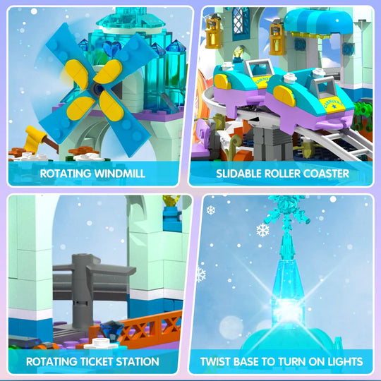 Frozen Roller Coaster Building Set with LED-City Ice Snow Amusement Park Rollercoaster Windmill Ski Toy Kids6+