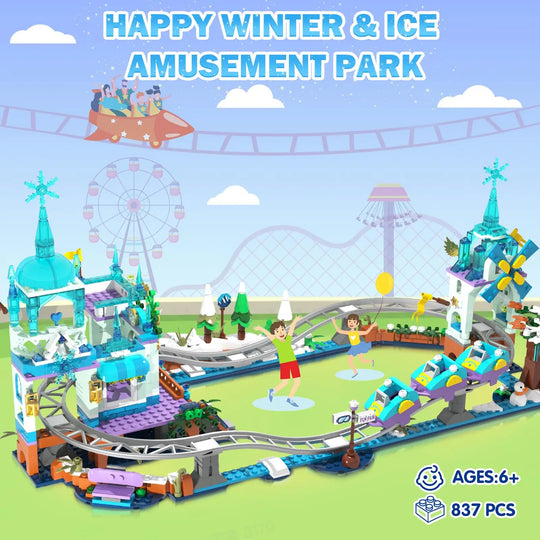 Frozen Roller Coaster Building Set with LED-City Ice Snow Amusement Park Rollercoaster Windmill Ski Toy Kids6+