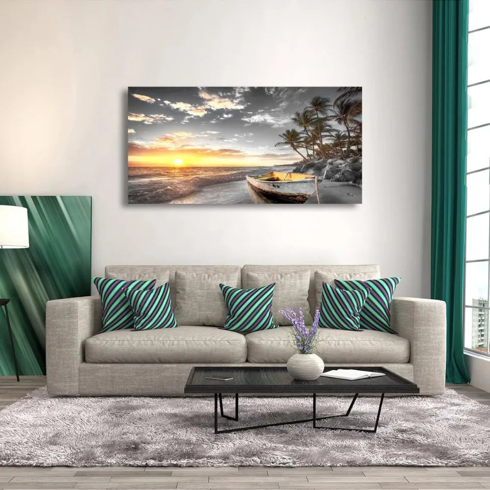 Beach Wall Art Canvas Prints Art Black and White Sunset Seascape