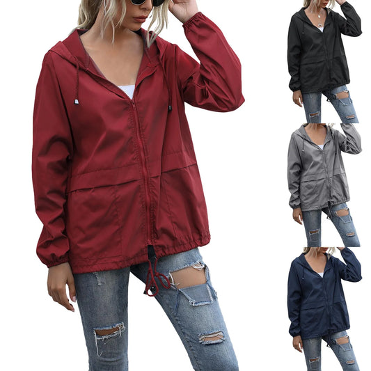 Women Rain Jacket Hooded Windproof Short Casual Spring Autumn Breathable