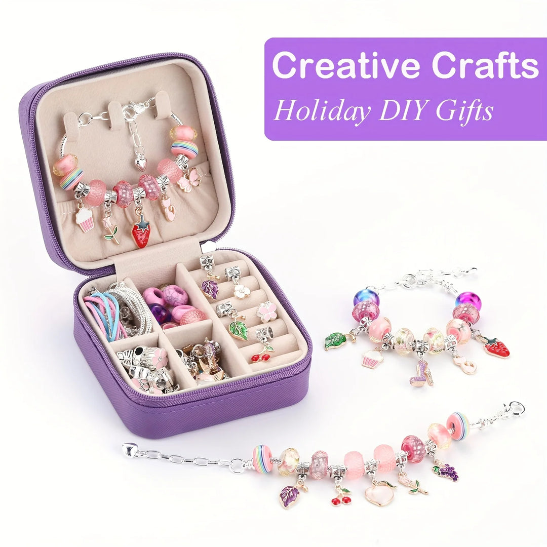 68Pcs Beading Kit with a Violet Jewelry Box- Pink Charms Bracelet Making Kit, DIY Beaded Necklace Making