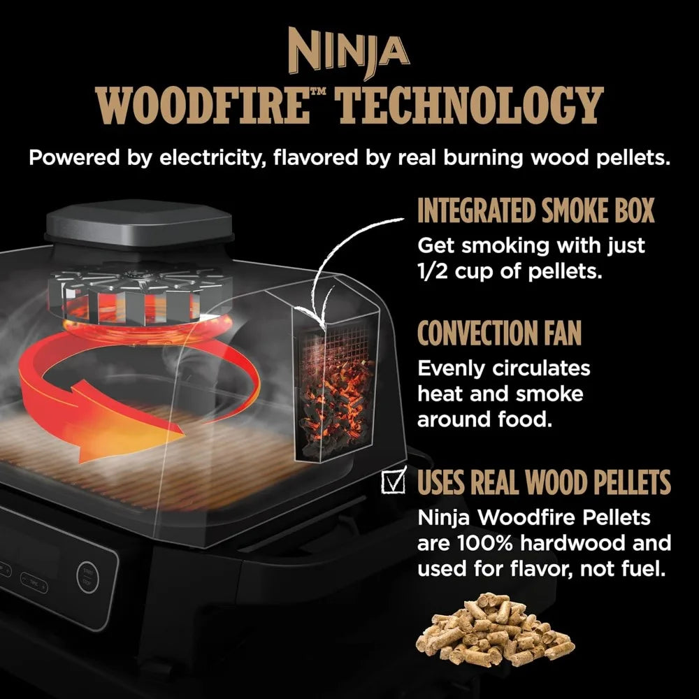 Ninja Woodfire Pro 7-in-1 Grill & Smoker with Thermometer, Air Fryer, BBQ, Bake, Roast, Broil - Portable Electric  Grill