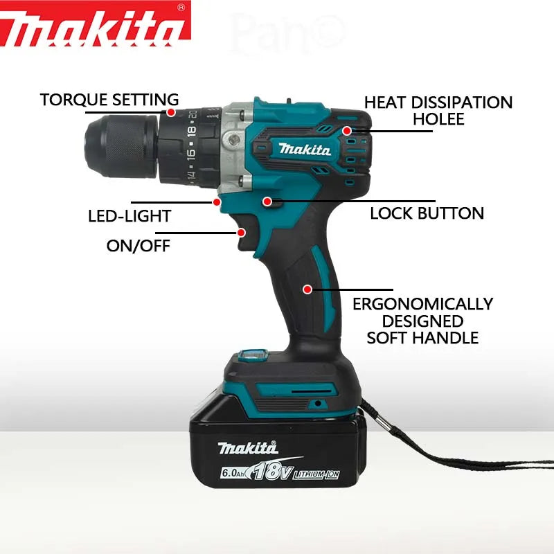 Cordless Driver Drill 18V LXT Brushless Motor Electric Screwdriver Power Tool Suitable for Makita 18V Battery