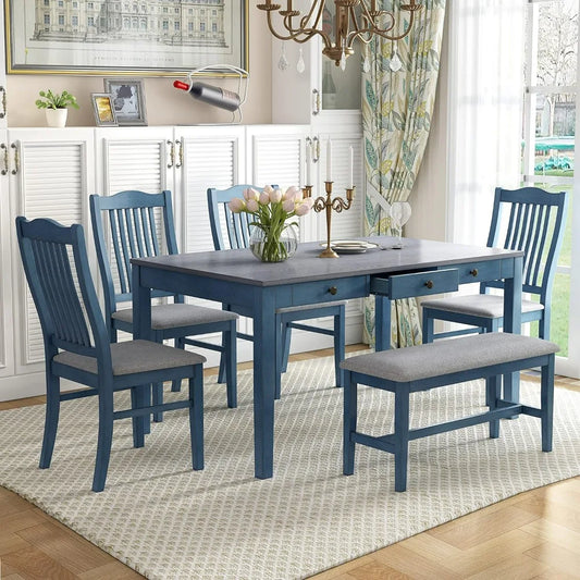 Wood Dining Table Set, 6-Piece,Upholstered Chairs and Bench, Kitchen Table and Chairs, Antique Blue