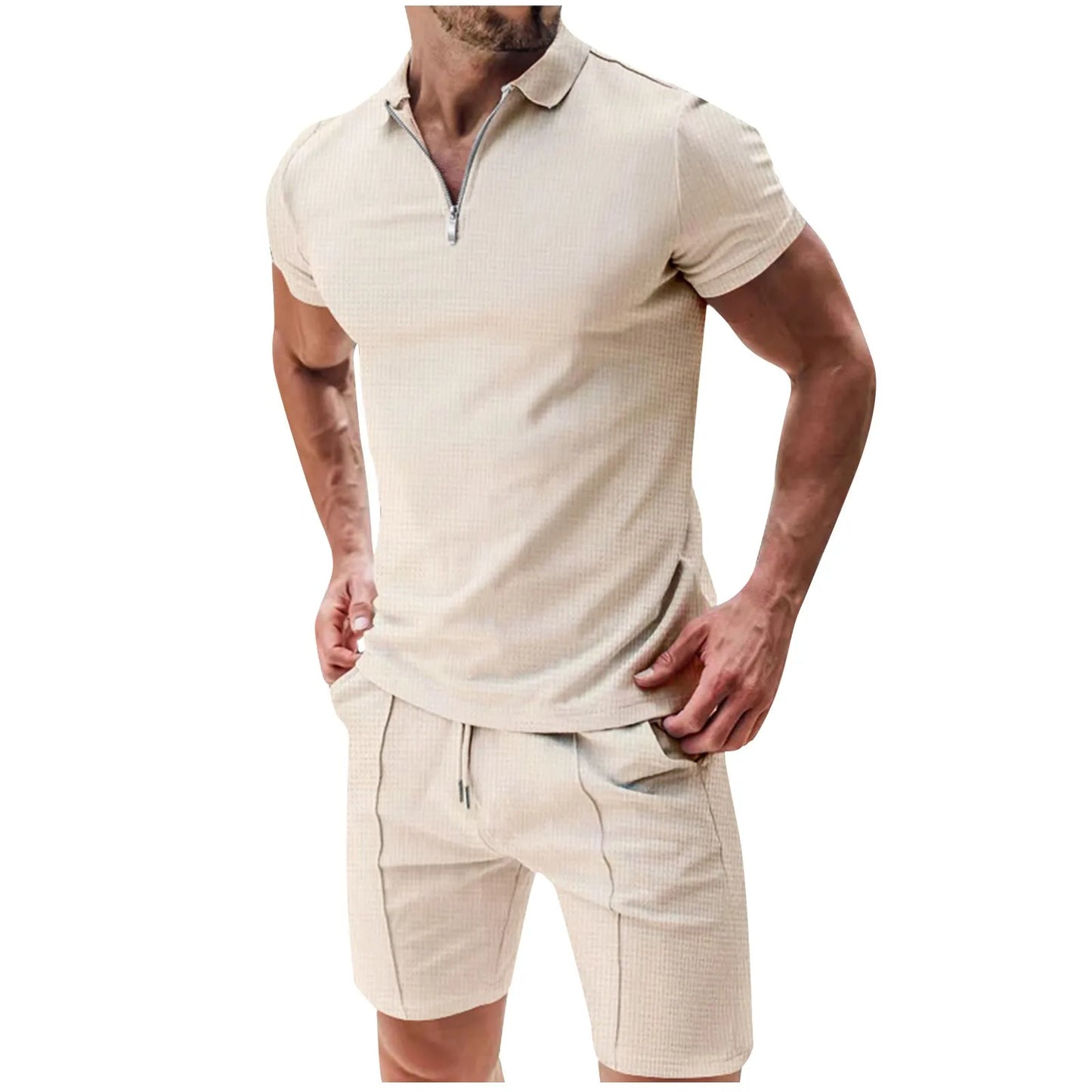 Men's Summer Loose Comfortable Fashion Outdoor Solid Color Polo Shirt T-Shirt Set